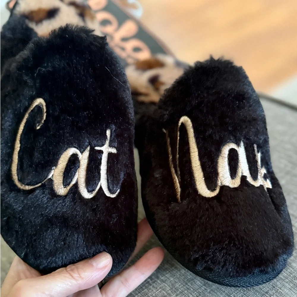Women Slippers, New House Shoes, Black Brown Gold Embroidered Cat Nap Slippers